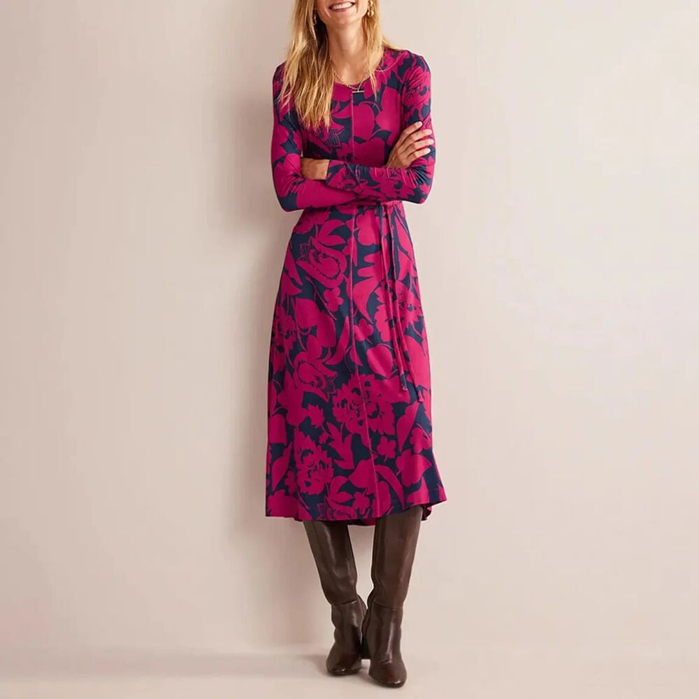 Boden | Pink Lucy Jersey Floral Midi Dress Long Sleeve | Size 6